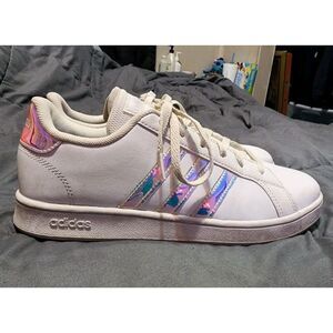 Adidas Essentials Grand Court Womens 6.5 White Leather Metallic Stripes Sneakers